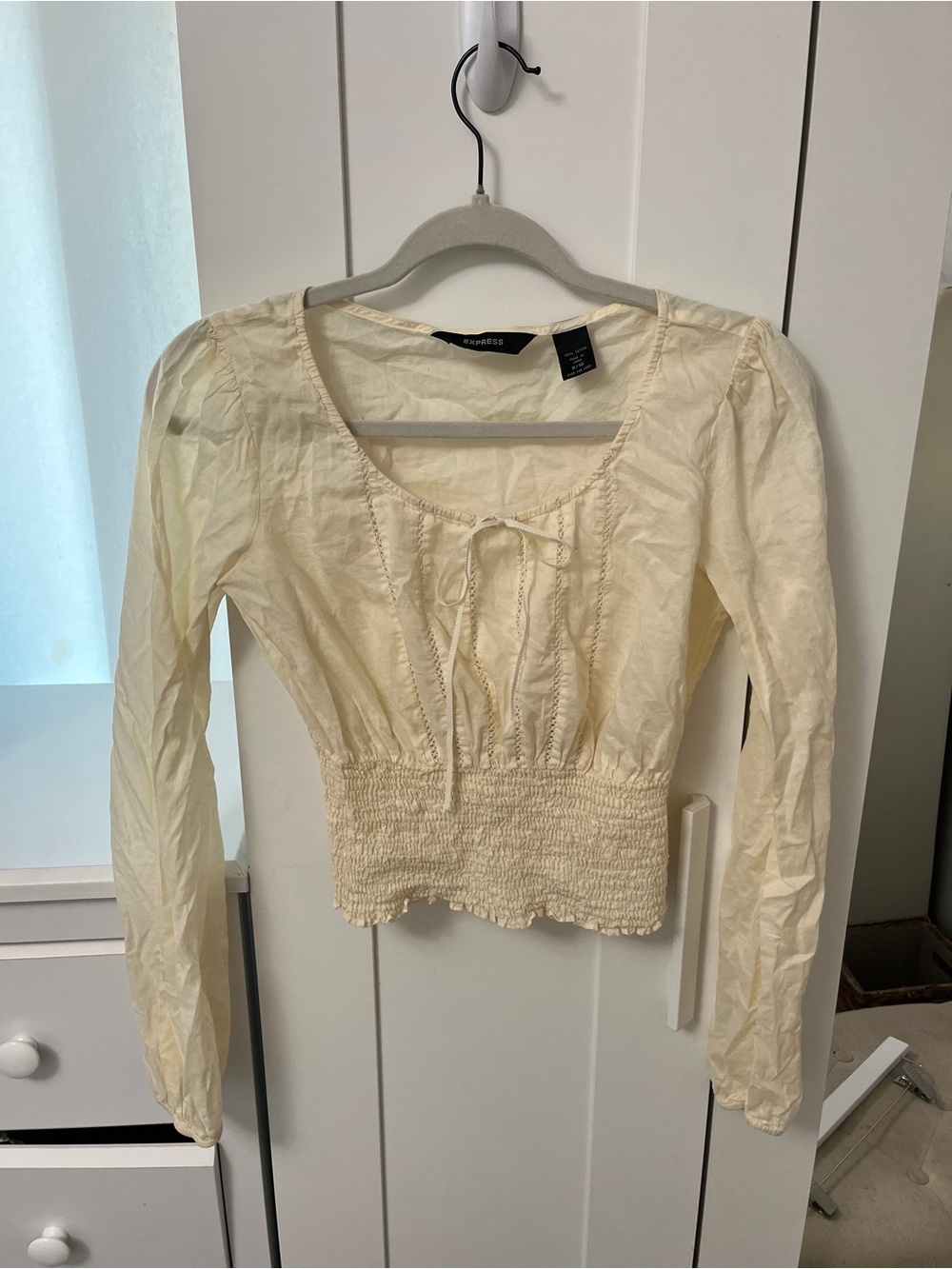 Express Cream Long-Sleeve Smocked Tie-Front Blouse